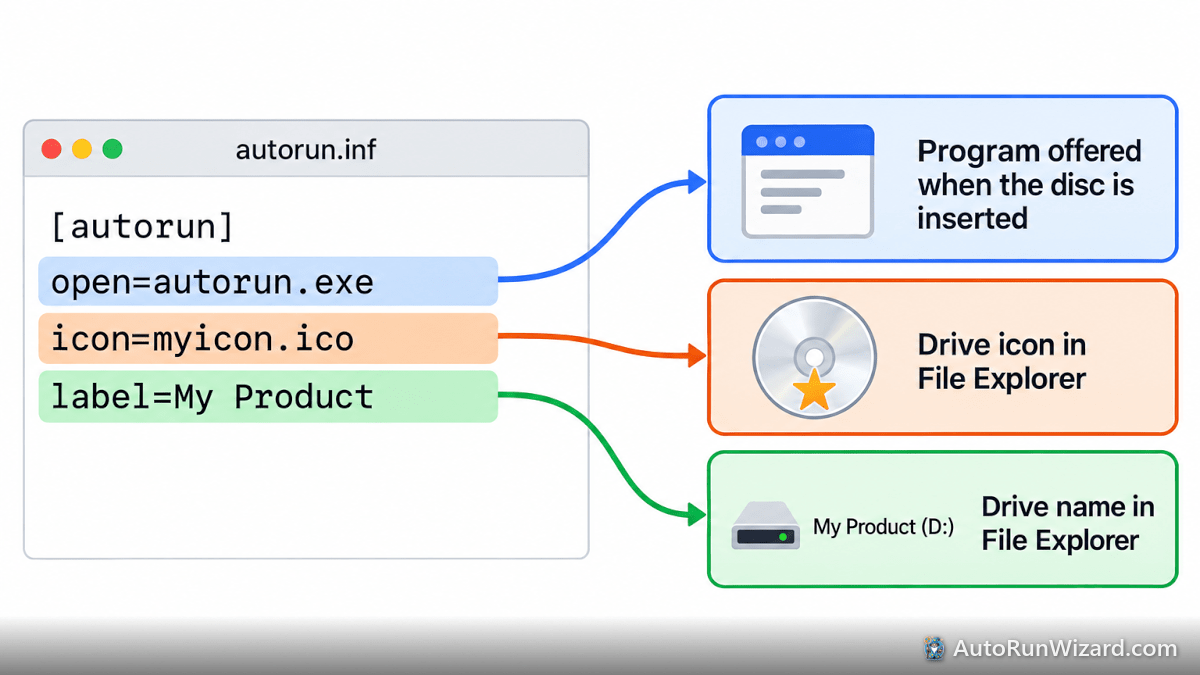 Diagram of an autorun.inf file showing what the open, icon and label lines do