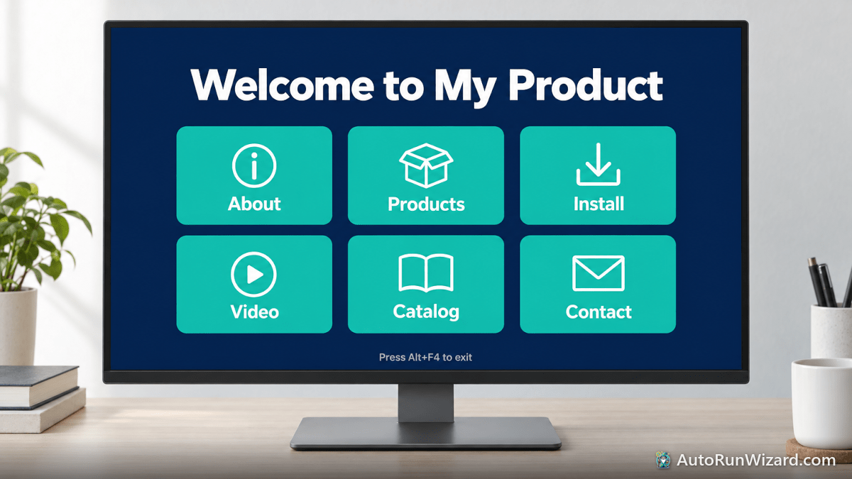 A full-screen HTML autorun menu with six buttons and a Press Alt+F4 to exit hint