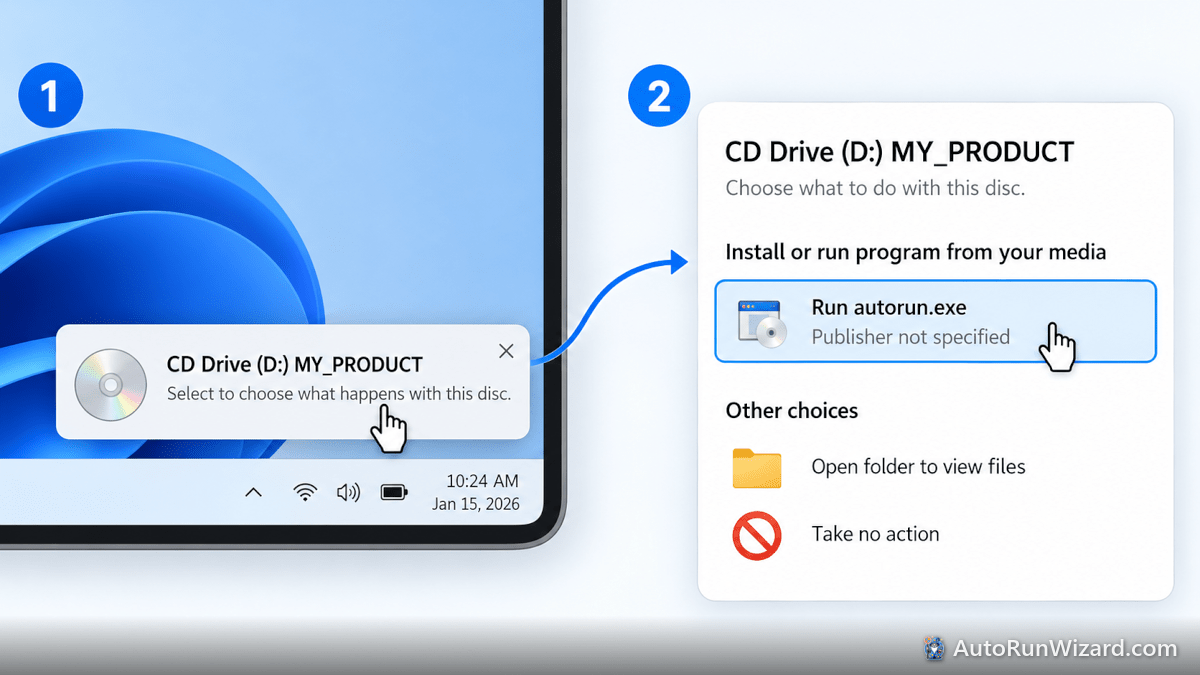 Windows AutoPlay notification and panel with the Run autorun.exe option selected