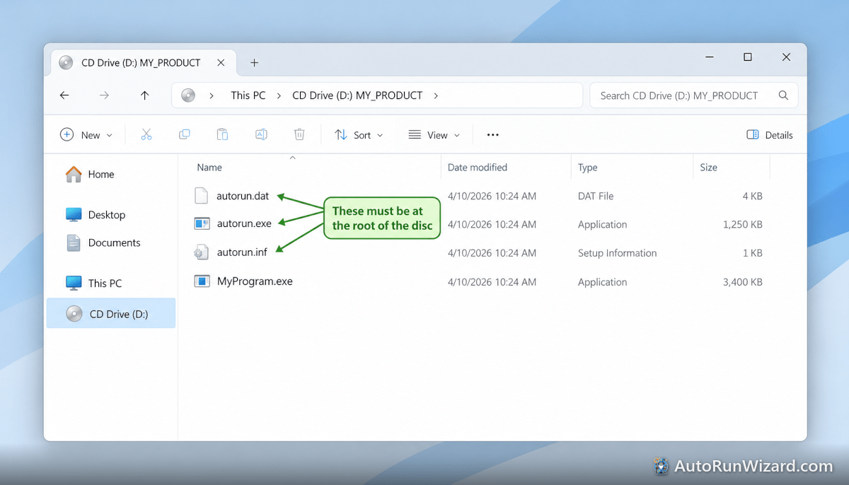 File Explorer showing autorun.inf, autorun.exe and autorun.dat at the root of the CD drive