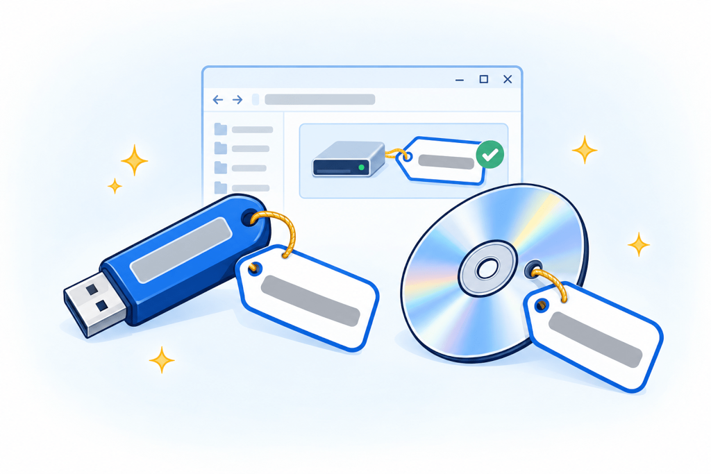 A USB drive and a CD each tagged with their own drive name