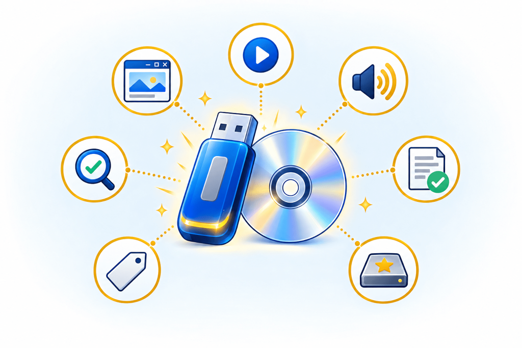 USB drive and CD surrounded by the seven autorun features